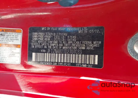 2013 Scion Fr-S из США, поврежденный, VIN JF1ZNAA11D2707033